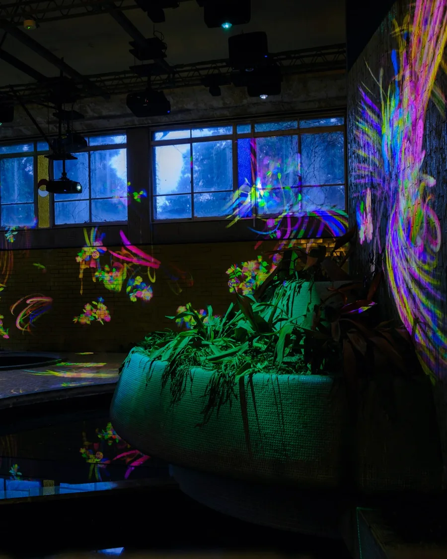 Une salle multisensorielle dans la pénombre, éclairée de points lumineux colorés